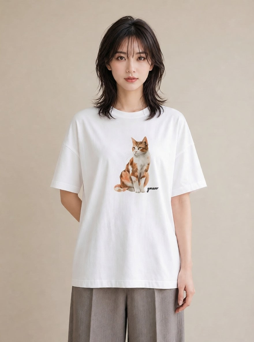 グラフィックTシャツ レディース スコティッシュフォールド 猫 ねこ イラスト シンプル 送別ギフト 通勤 白T YMAZO