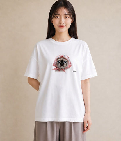Tシャツ レディース シャム柄 猫 ねこ イラスト きれいめ ビーチ デイリーウェア 白T YMAZO