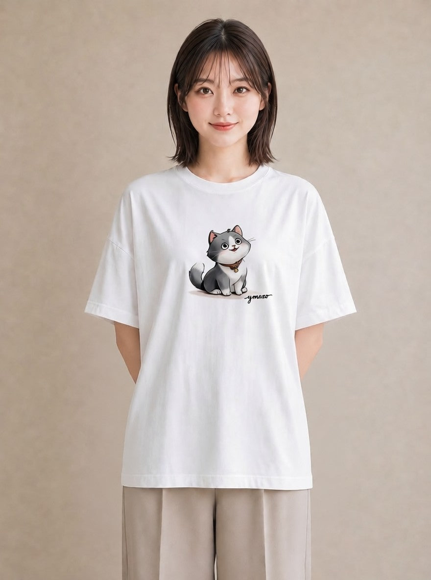 デザインTシャツ レディース スコティッシュフォールド 猫 ねこ イラスト 手描き風 レイヤード 友達ギフト 白T YMAZO