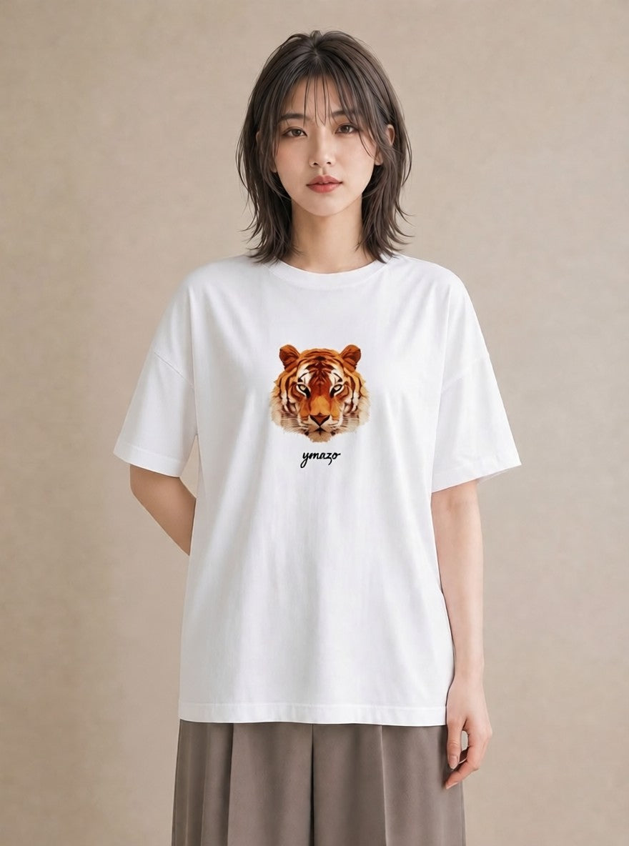 半袖Tシャツ レディース とら 動物 アニマル イラスト カジュアル ペアコーデ 秋コーデ 白T YMAZO