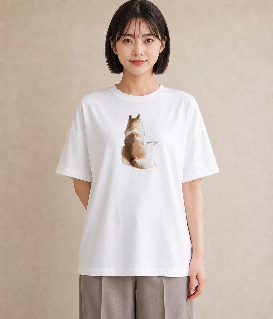 グラフィックTシャツ レディース 愛猫 猫 ねこ イラスト 上品 20代 カジュアルコーデ 白T YMAZO
