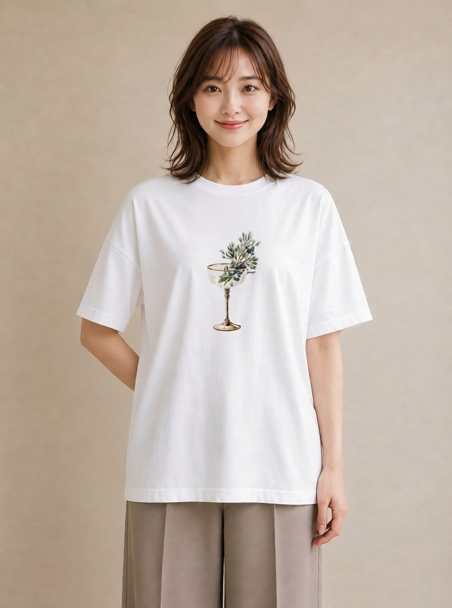 グラフィックTシャツ レディース ガラス瓶 小枝 ボタニカル ナチュラル アンティーク イラスト お洒落 自分用 ルームウェア 白T YMAZO