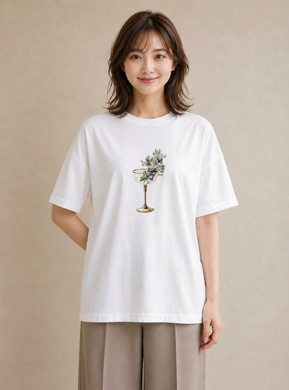 グラフィックTシャツ レディース ガラス瓶 小枝 ボタニカル ナチュラル アンティーク イラスト お洒落 自分用 ルームウェア 白T YMAZO