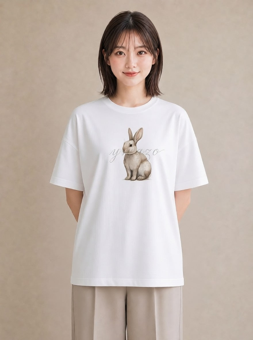 デザインTシャツ レディース ウサギ系野生 動物 アニマル イラスト ナチュラル 誕生日プレゼント 綿100 白T YMAZO