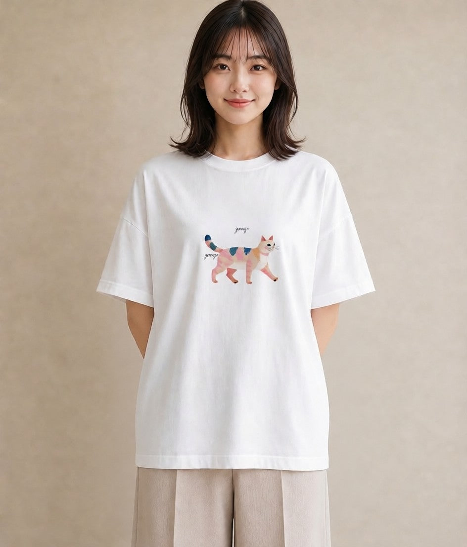 Tシャツ レディース 猫 ねこ イラスト カフェコーデ 女性 旅行用 白T YMAZO