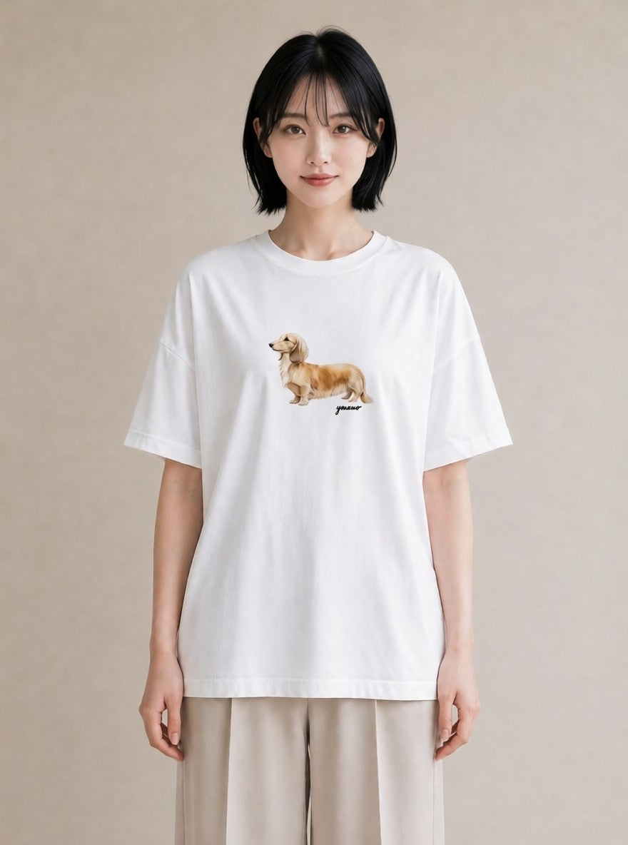 Tシャツ レディース ミニチュアダックスフンド 犬 いぬ イラスト シンプル 休日 ペアコーデ 白T YMAZO