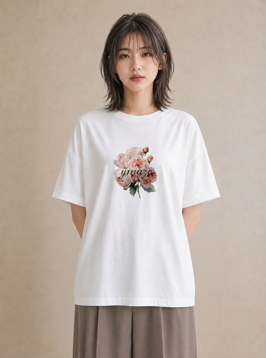 半袖Tシャツ レディース バラ 薔薇 ローズ 花 花柄 イラスト こなれ感 部屋着 女性向けギフト 白T