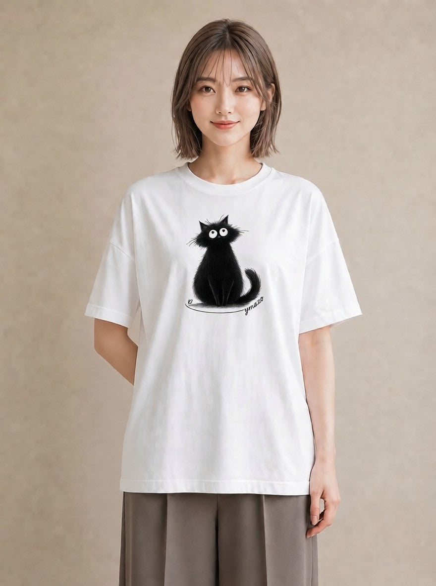 デザインTシャツ レディース 黒猫 猫 ねこ イラスト きれいめカジュアル 自分用 ルームウェア 白T YMAZO