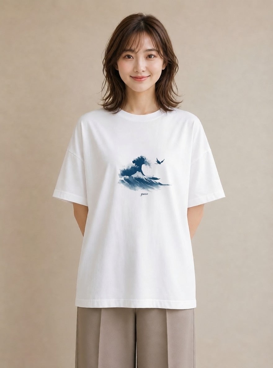半袖Tシャツ レディース 海 星空 宇宙 イラスト 春服 ミセス 白T YMAZO
