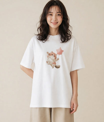 デザインTシャツ レディース ペルシャ 猫 ねこ イラスト カジュアル ビーチ デイリーウェア 白T YMAZO