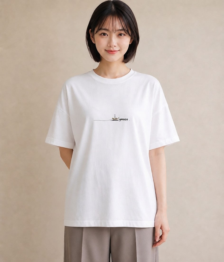 半袖Tシャツ レディース 紙の船 水辺 ナチュラル アンティーク イラスト ガーリー 誕生日プレゼント 綿100 白T YMAZO
