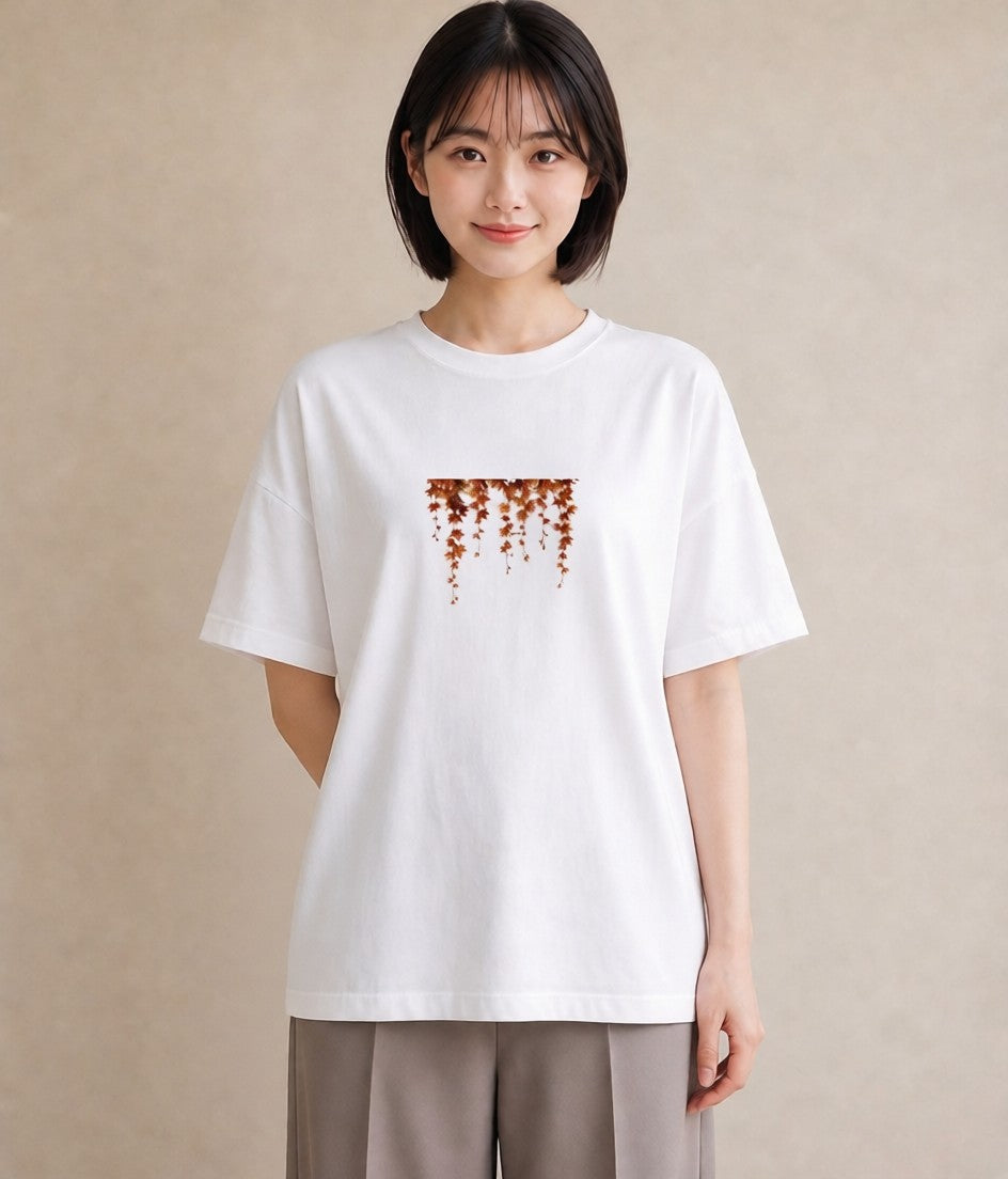 グラフィックTシャツ レディース 落ち葉 植物 ボタニカル イラスト ミニマル おしゃれギフト 社会人 白T YMAZO