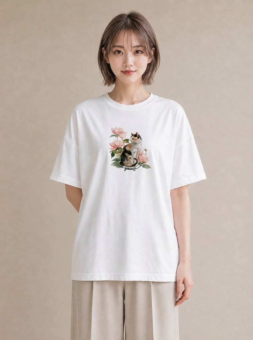 グラフィックTシャツ レディース おすわり猫 猫 ねこ イラスト 可愛い 週末コーデ 敬老の日 白T YMAZO