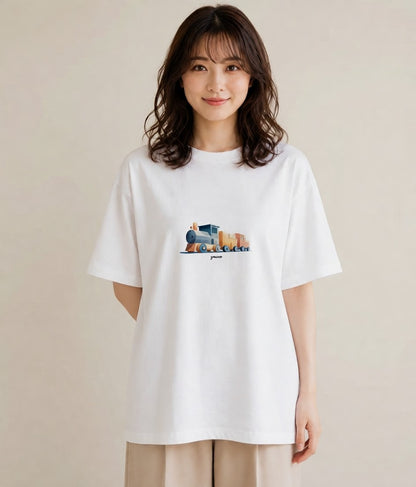 グラフィックTシャツ レディース 駅のホーム ローカル線 駅 ナチュラル アンティーク イラスト 帰省 ラフ 白T YMAZO