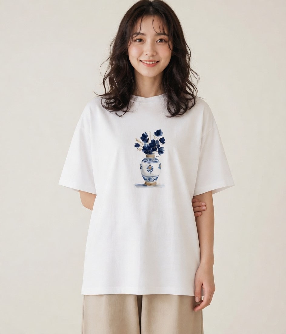 半袖Tシャツ レディース 夕暮れ バルコニー 夕焼け ナチュラル アンティーク イラスト デイリーウェア 休日 白T YMAZO
