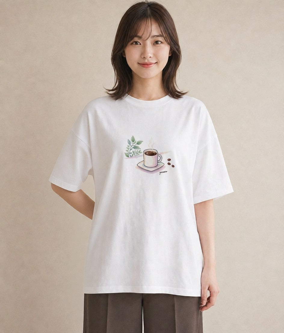 Tシャツ レディース コーヒー カフェ 珈琲 イラスト ユニーク ペアコーデ 秋コーデ 白T YMAZO