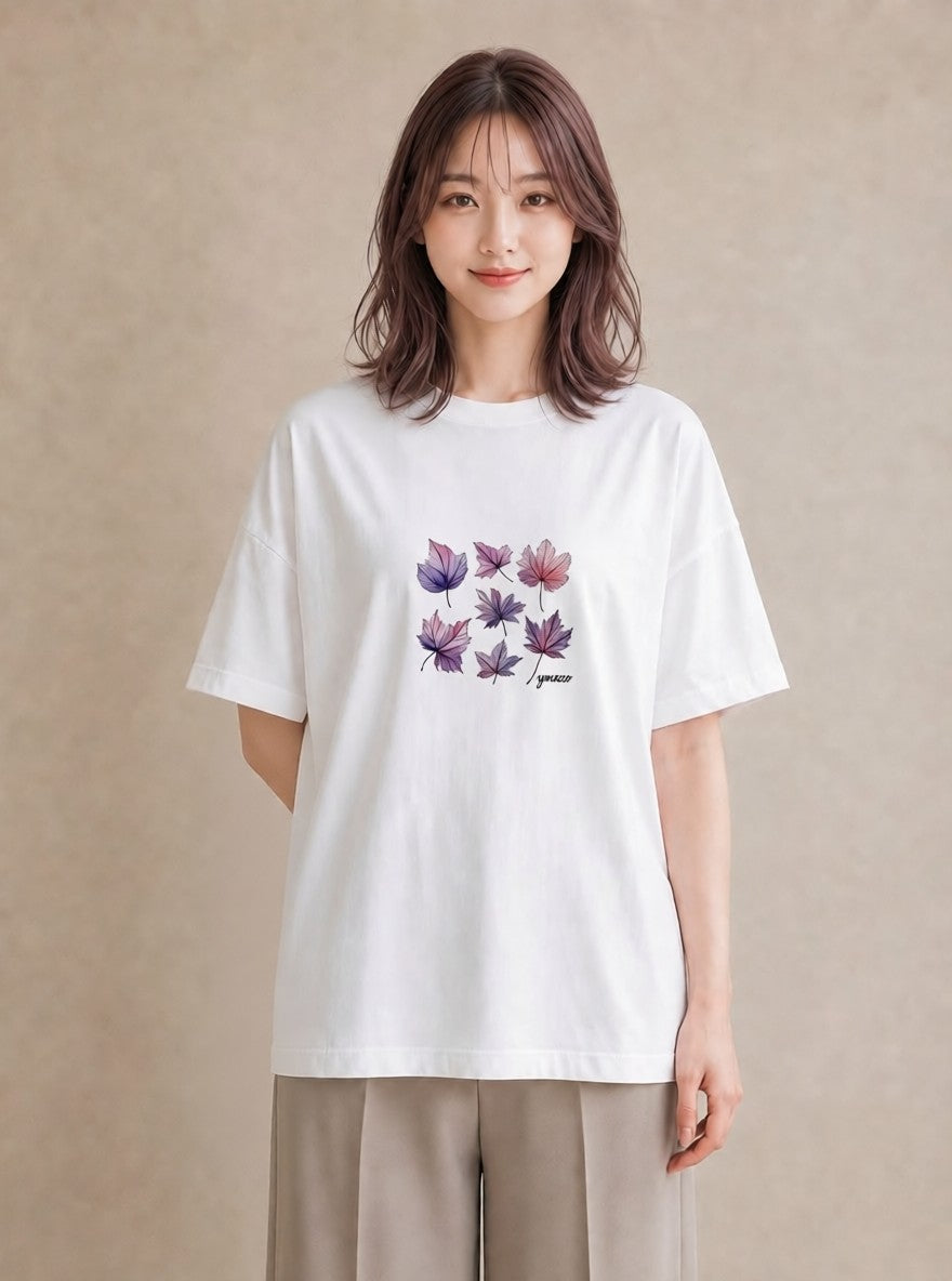 Tシャツ レディース 落ち葉 植物 ボタニカル イラスト ラフカジュアル 週末コーデ 敬老の日 白T YMAZO