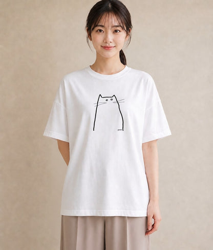プリントTシャツ レディース 猫 ねこ ネコ イラスト きれいめ 敬老の日 ホワイトデー 白T YMAZO