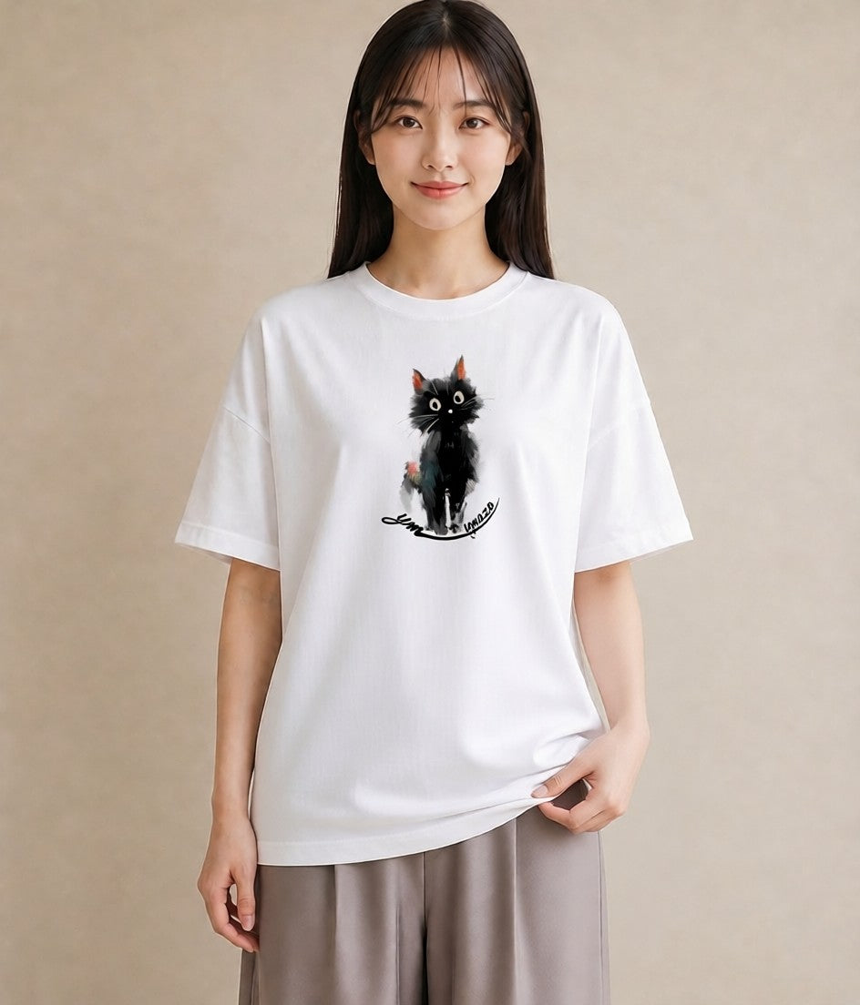 Tシャツ レディース ハチワレ 白黒猫 猫 ねこ イラスト きれいめカジュアル 帰省 ラフ 白T YMAZO