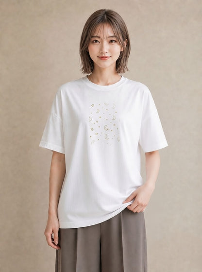 プリントTシャツ レディース 月と星 星空 ムーン イラスト フェミニン 敬老の日 ホワイトデー 白T YMAZO
