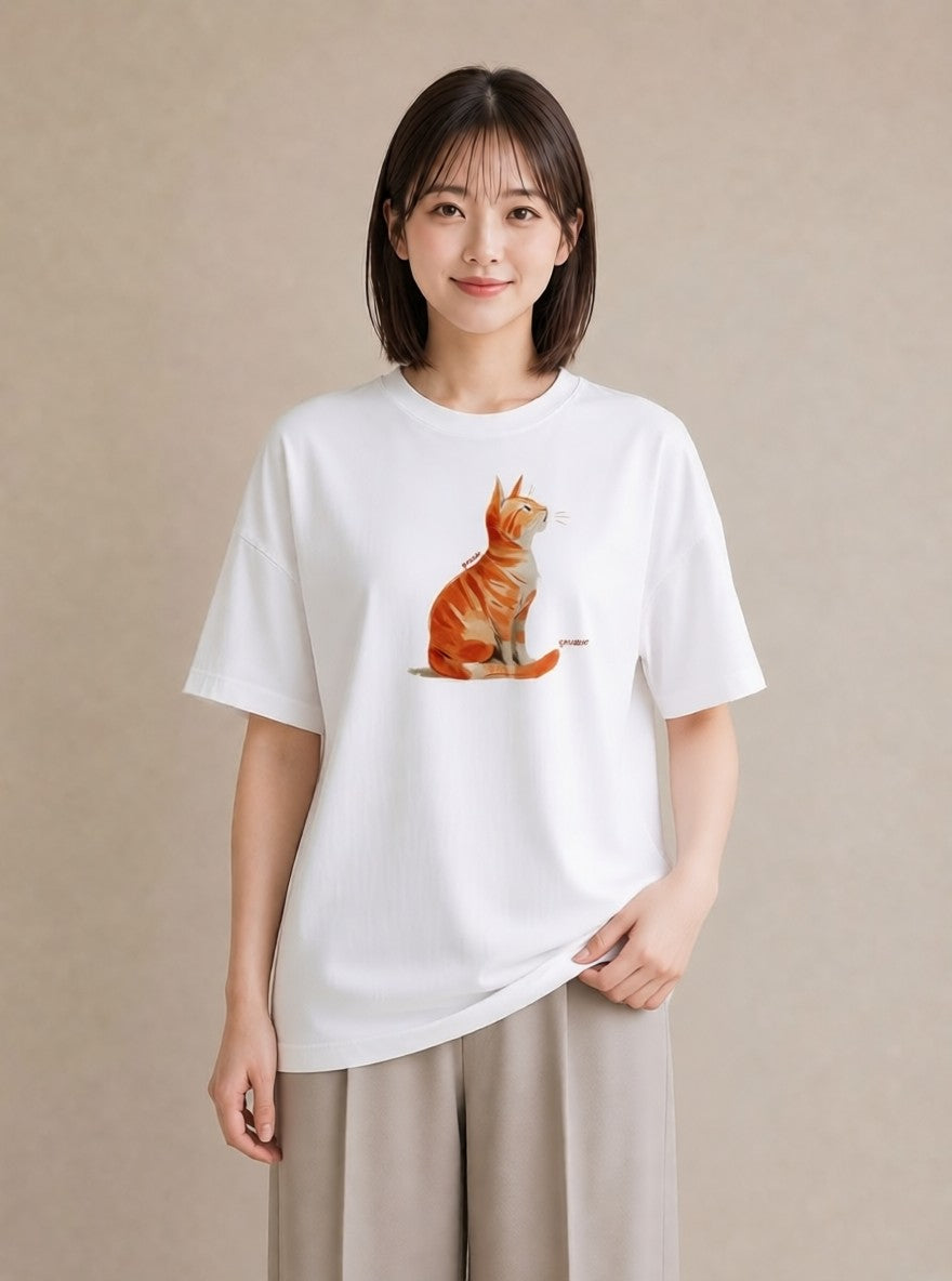Tシャツ レディース ブリティッシュショートヘア 猫 ねこ イラスト ラフカジュアル ラフ レイヤード 白T YMAZO