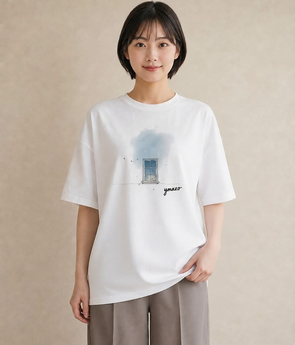 半袖Tシャツ レディース 遠い家と鳥 風景 鳥 ナチュラル アンティーク イラスト お出かけ 普段着 白T YMAZO