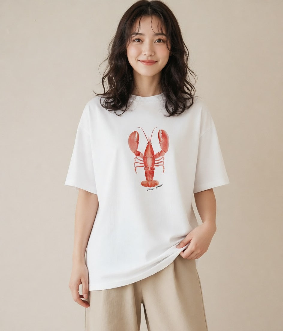 半袖Tシャツ レディース カニ 海の生き物 海 イラスト シック お出かけ 普段着 白T YMAZO