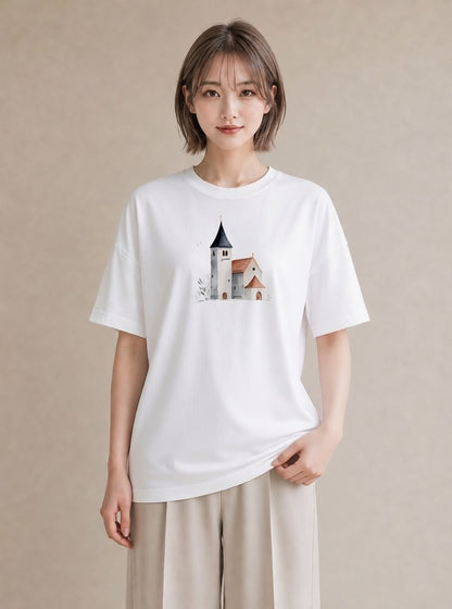Tシャツ レディース 遠い家と鳥 風景 鳥 ナチュラル アンティーク イラスト ヴィンテージ風 公園 ママ 白T YMAZO