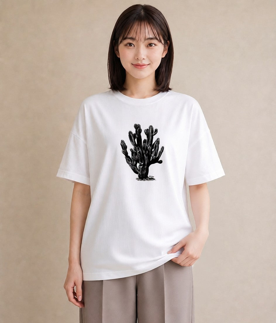 デザインTシャツ レディース サボテン 植物 ボタニカル イラスト 抜け感 綿100 デート 白T YMAZO