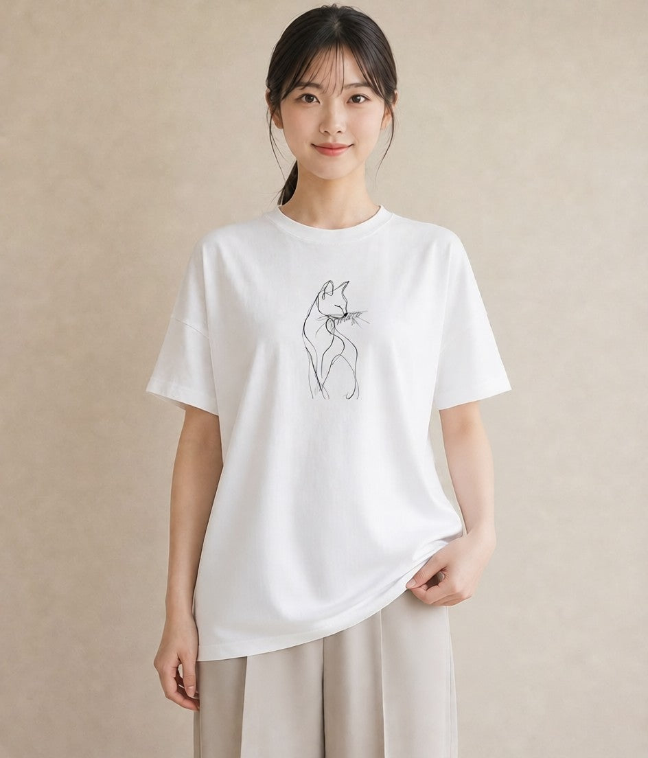 プリントTシャツ レディース 猫 ねこ ネコ イラスト 上品 社会人 女性 白T YMAZO