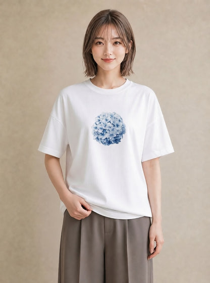 グラフィックTシャツ レディース あじさい 紫陽花 アジサイ 花 花柄 イラスト お洒落 通勤 在宅 白T YMAZO