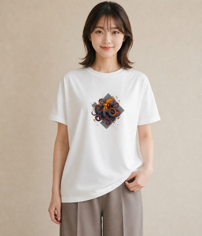 デザインTシャツ レディース イカ 海の生き物 海 イラスト シック カフェ巡り 女子会 白T YMAZO