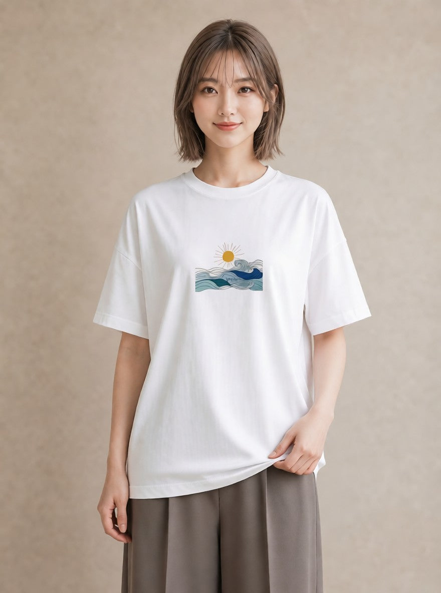 半袖Tシャツ レディース 海 リゾート 夏 イラスト 韓国風 レイヤード 友達ギフト 白T YMAZO