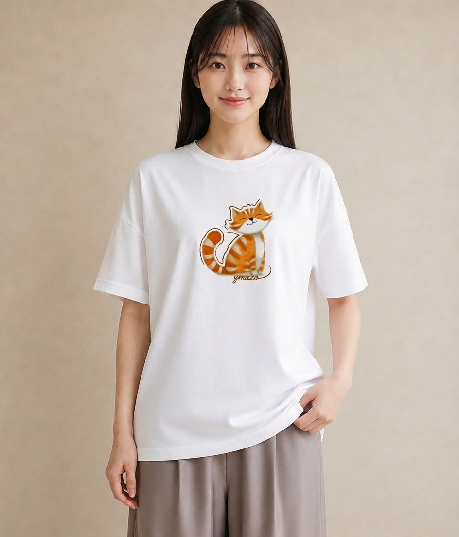 プリントTシャツ レディース しっぽ 猫 ねこ イラスト ヴィンテージ風 社会人 女性 白T YMAZO