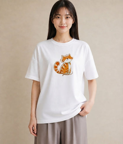 プリントTシャツ レディース しっぽ 猫 ねこ イラスト ヴィンテージ風 社会人 女性 白T YMAZO