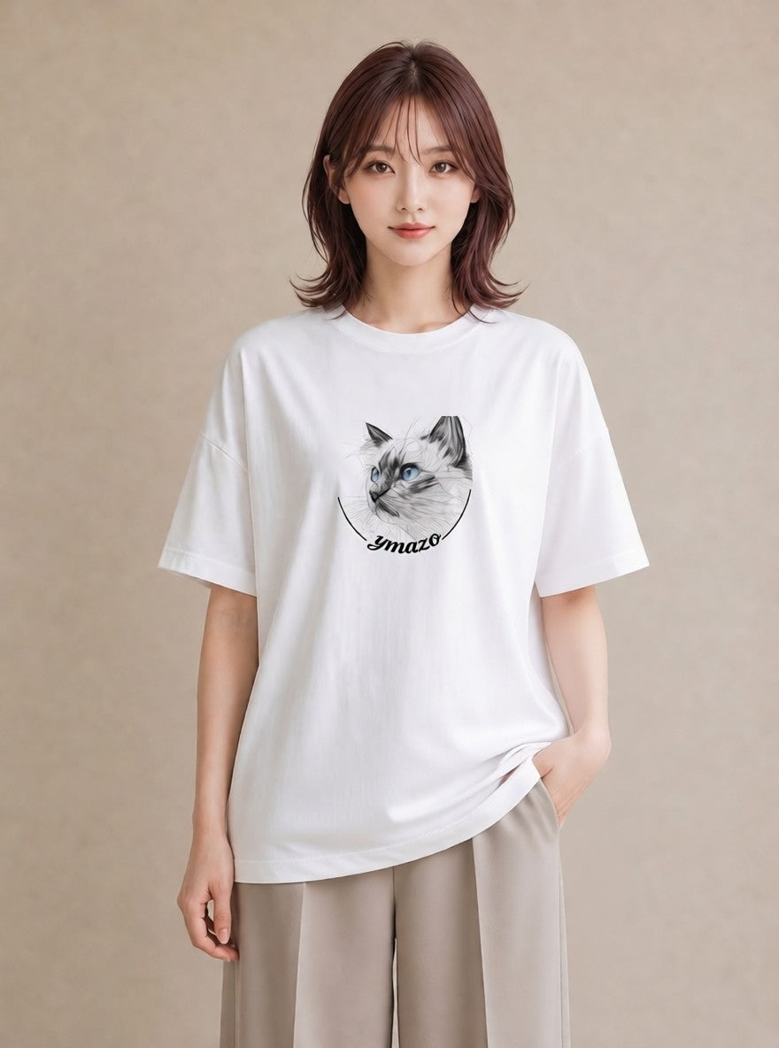 半袖Tシャツ レディース シャム柄 猫 ねこ イラスト 韓国風 通学 誕生日プレゼント 白T YMAZO