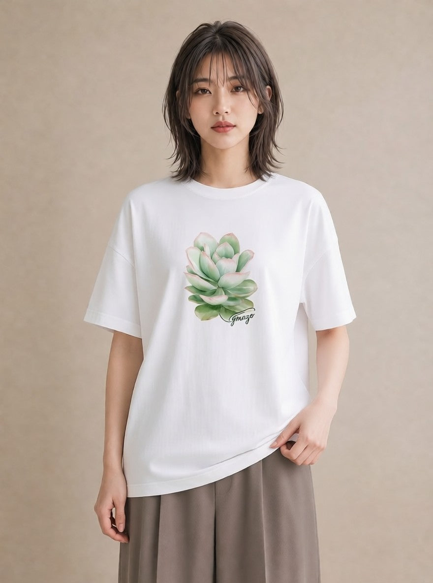 プリントTシャツ レディース 多肉植物 植物 ボタニカル イラスト 淡色 ビーチ デイリーウェア 白T YMAZO
