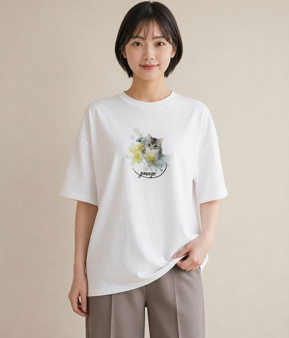 半袖Tシャツ レディース ペルシャ 猫 ねこ イラスト ミニマル カジュアルコーデ 買い物 白T YMAZO