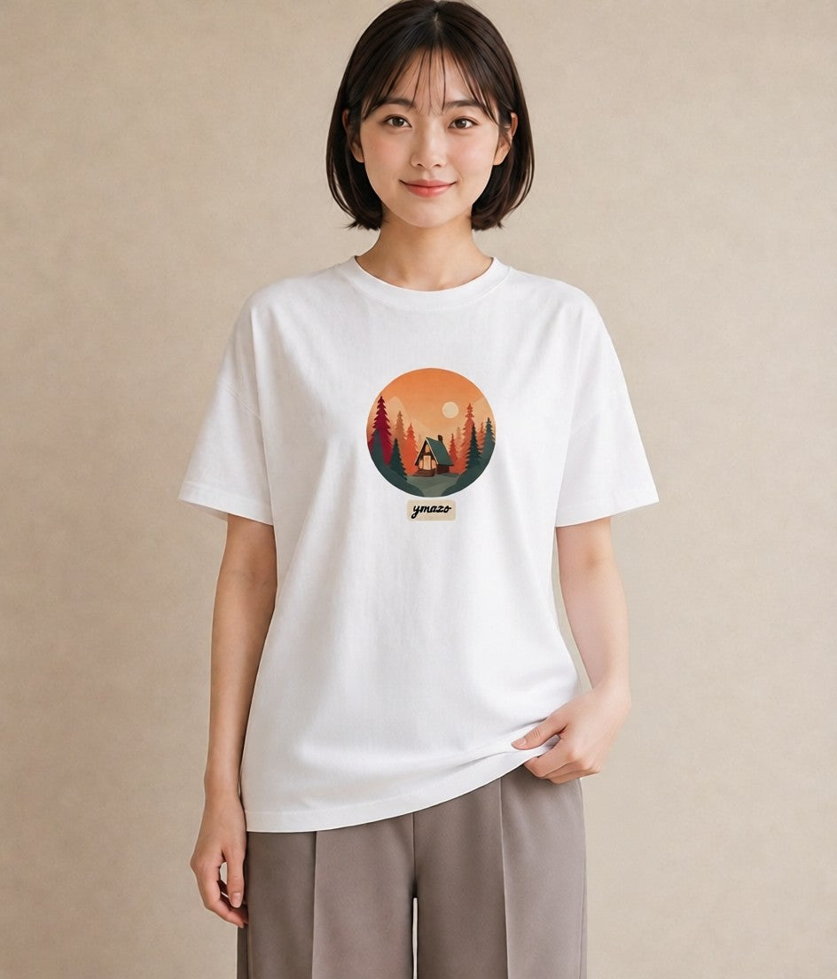 Tシャツ レディース 湖畔の小屋 湖 小屋 ナチュラル アンティーク イラスト ユニーク 旅行 母娘コーデ 白T YMAZO