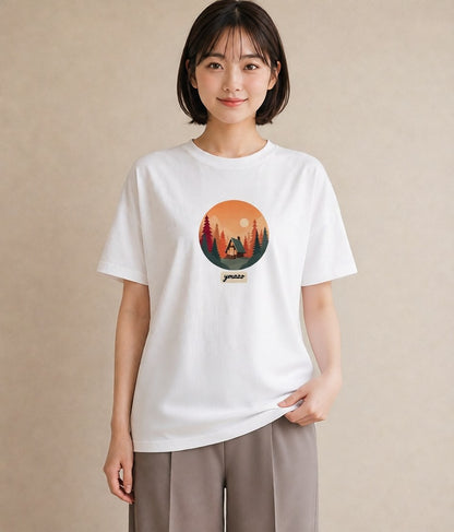 Tシャツ レディース 湖畔の小屋 湖 小屋 ナチュラル アンティーク イラスト ユニーク 旅行 母娘コーデ 白T YMAZO