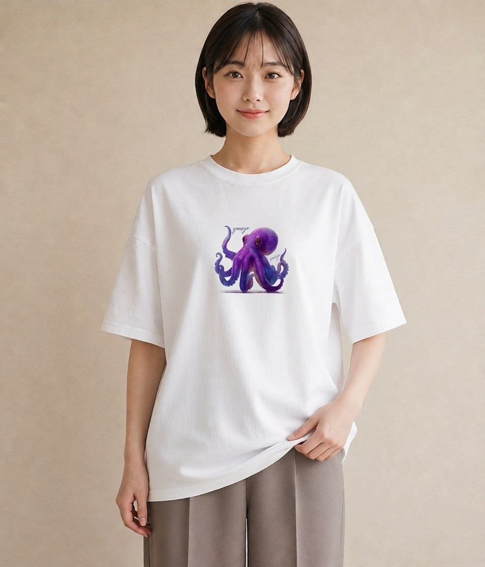 プリントTシャツ レディース イカ 海の生き物 海 イラスト 普段使い 旅行 母娘コーデ 白T YMAZO
