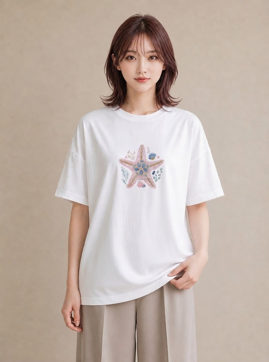 Tシャツ レディース ヒトデ 海の生き物 海 イラスト 普段使い 春服 ミセス 白T YMAZO