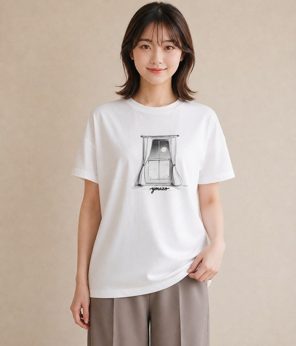 プリントTシャツ レディース 窓辺の雨 雨の日 窓 ナチュラル アンティーク イラスト ゆるコーデ 母娘コーデ 自分用 白T YMAZO