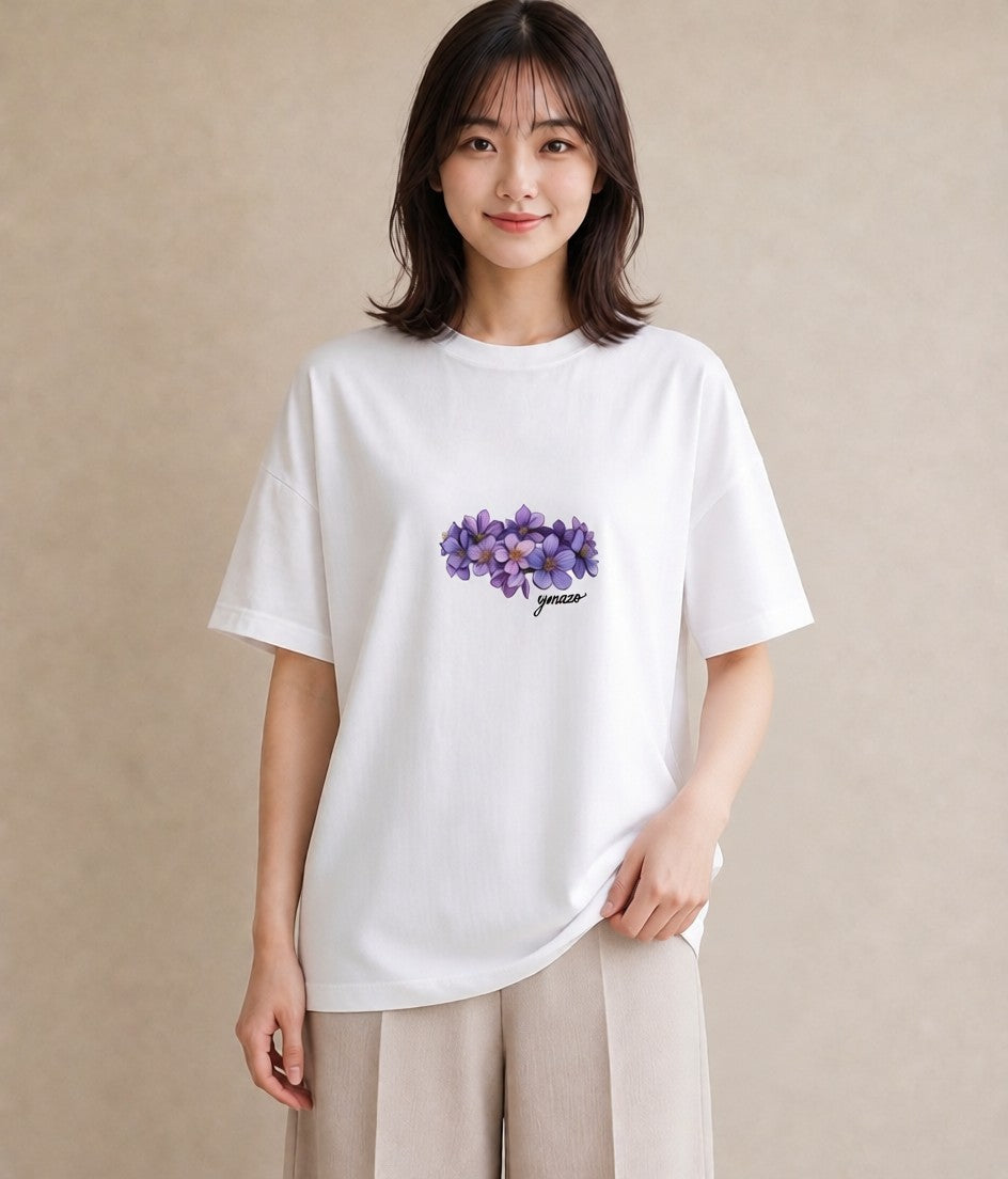 グラフィックTシャツ レディース スミレ 花 花柄 イラスト こなれ感 社会人 女性 白T YMAZO