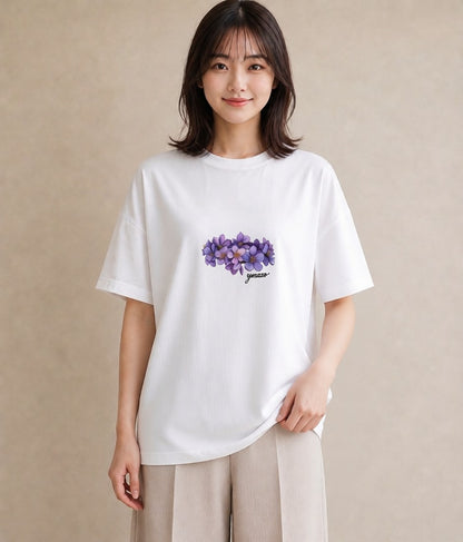 グラフィックTシャツ レディース スミレ 花 花柄 イラスト こなれ感 社会人 女性 白T YMAZO