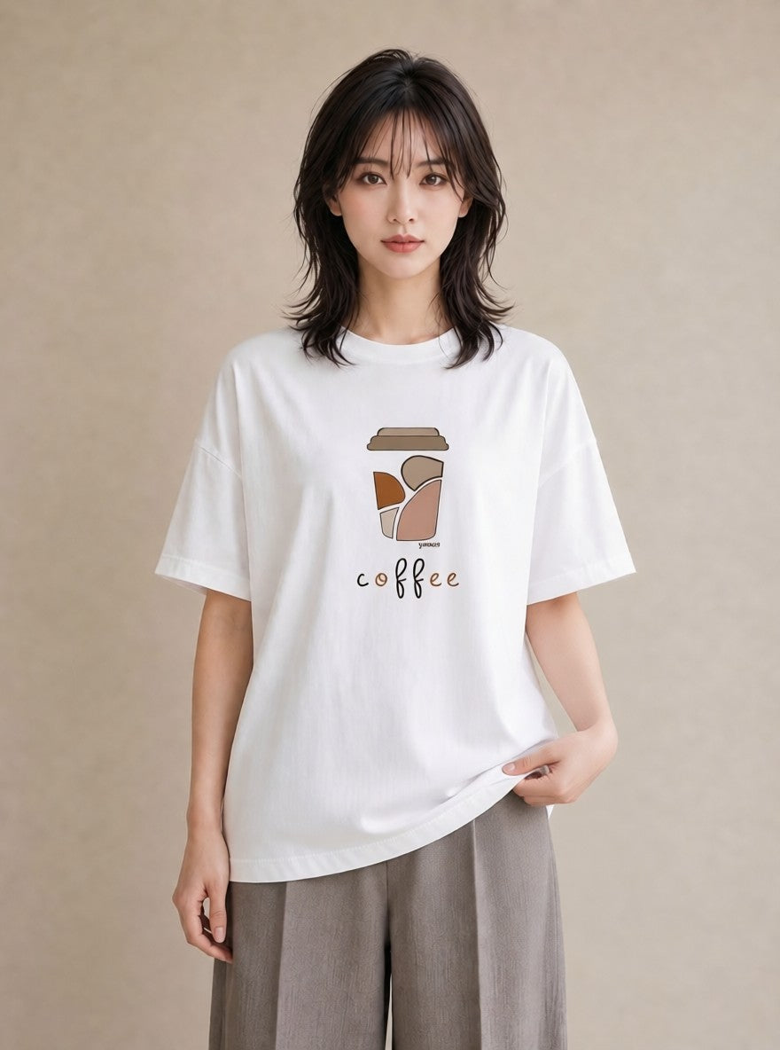 デザインTシャツ レディース カフェ カフェロゴ ロゴ イラスト 韓国風 社会人 女性 白T YMAZO