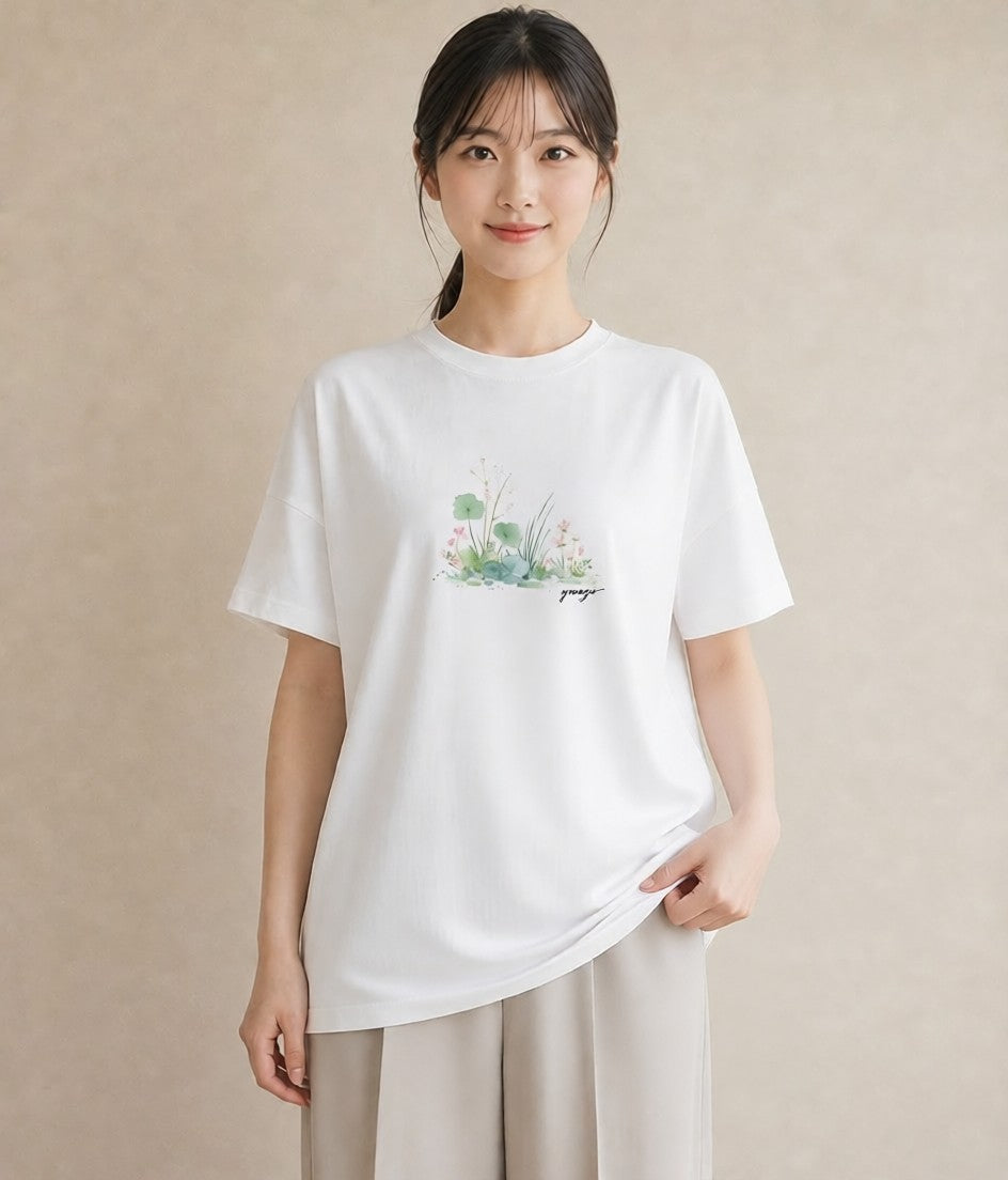 Tシャツ レディース 芝生 植物 ボタニカル イラスト 休日コーデ ホワイトデー 春服 白T YMAZO
