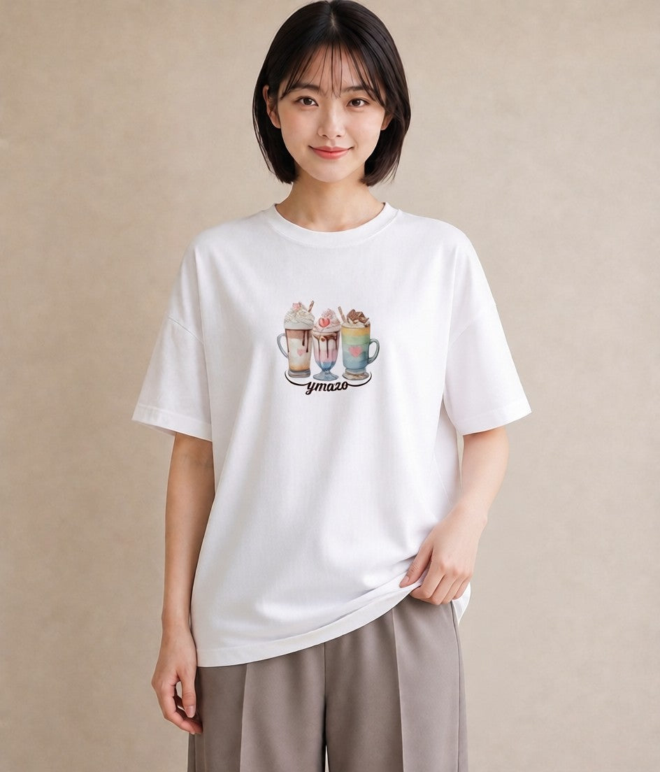 グラフィックTシャツ レディース ココア 食べ物 フード イラスト 淡色 休日 ペアコーデ 白T YMAZO