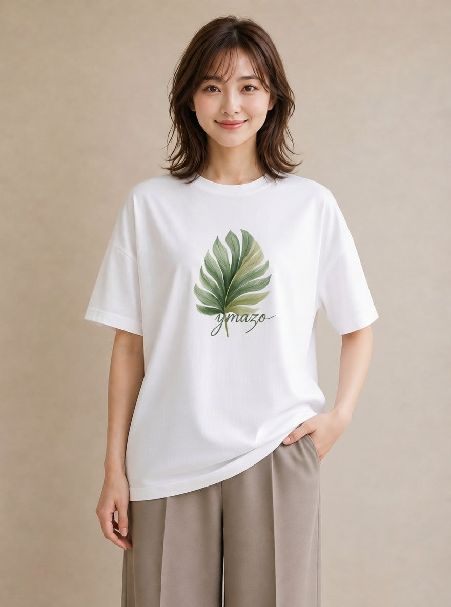 プリントTシャツ レディース 新緑 植物 ボタニカル イラスト 上品 海 カフェ巡り 白T YMAZO