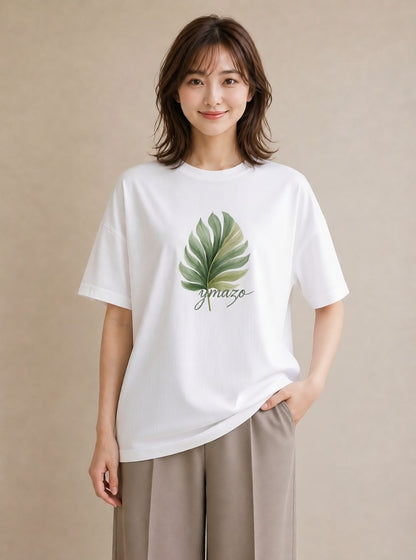 プリントTシャツ レディース 新緑 植物 ボタニカル イラスト 上品 海 カフェ巡り 白T YMAZO